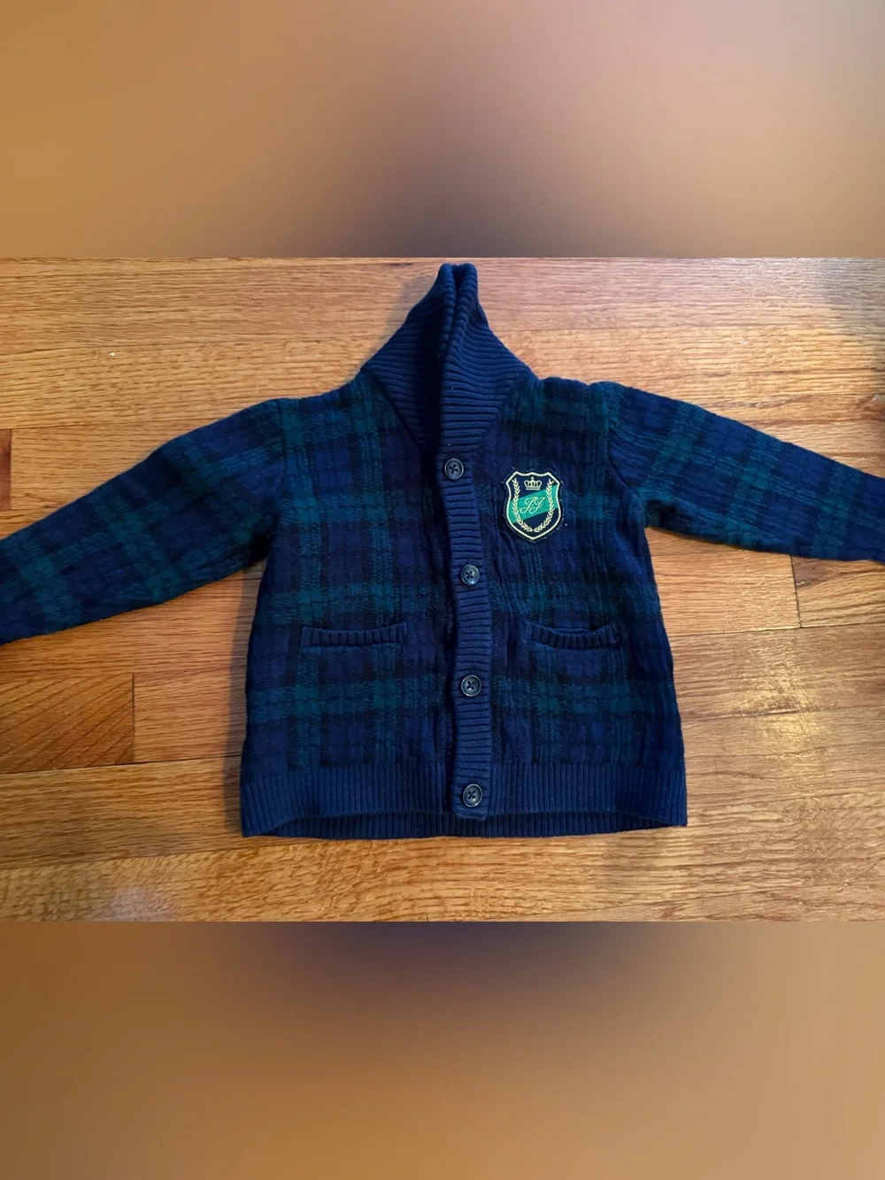 Janie And Jack Plaid Crest Patch Sweater 18-24 Months Cotton Navy Blue & Green